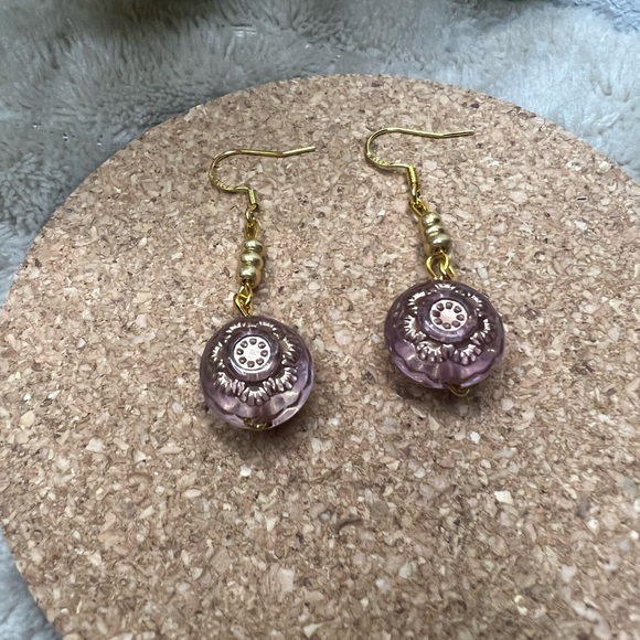 Purple Flower Beaded Dangle Earrings - Picture 2 of 3